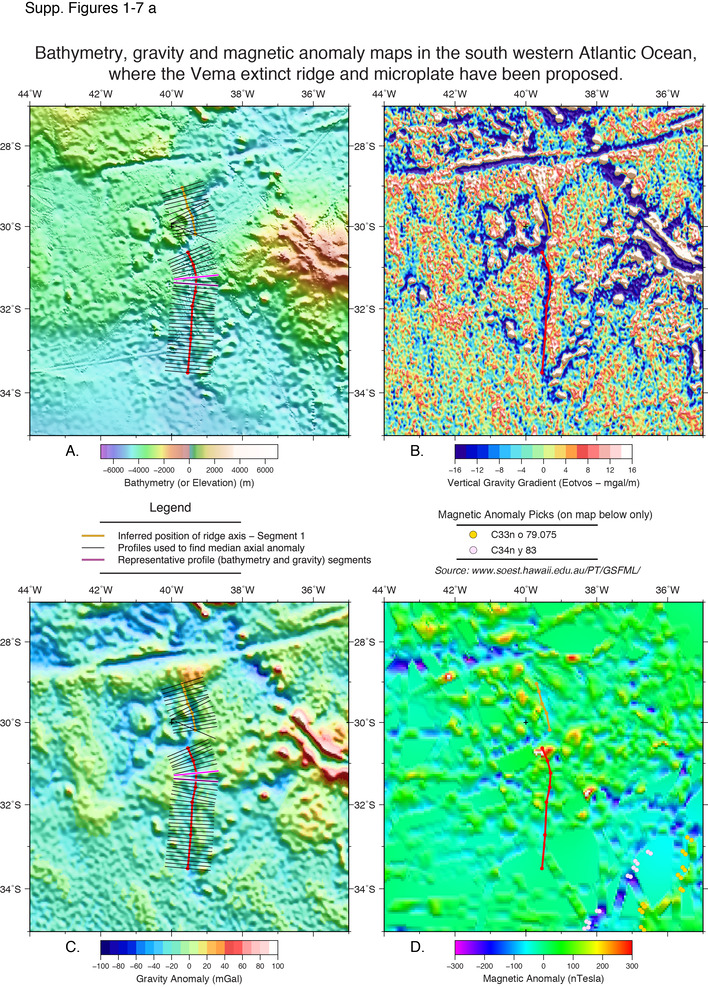 Maps showing the location of the axes of proposed extinct ridge segments