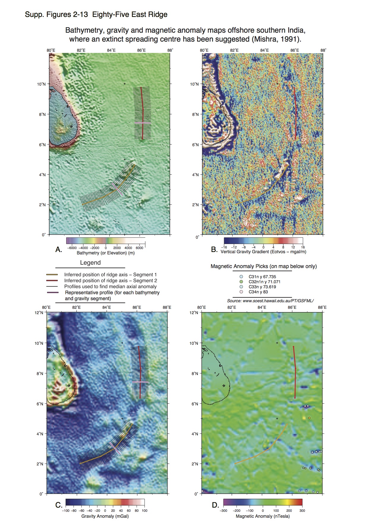 Maps showing the location of extinct ridge segments