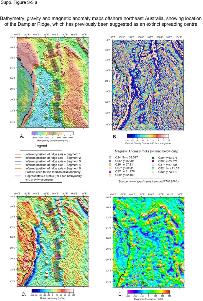 Maps showing the location of extinct ridge segments